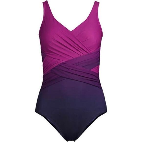 Lands End Violet Navy Blue Ombre V Neck Wrap One Piece Swimsuit Sz.8 - Picture 5 of 15